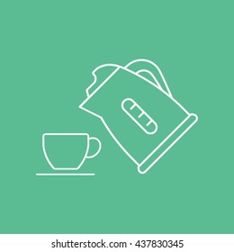Kettle and Cup Line Icon On Green Background