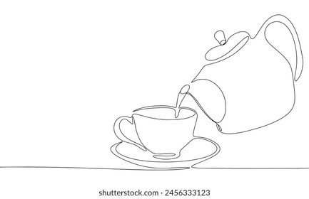 Kettle with cup one line continuous. Line art teapot and cup of tea. Hand drawn vector art.