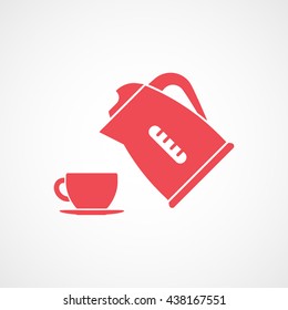 Kettle and Cup Red Flat Icon On White Background
