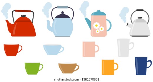 Kettle with a cup. A set of boiling kettles with a cup of tea. Vector illustration, vector.