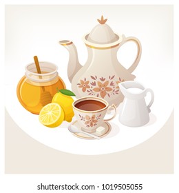 Kettle, cup of tea and additives served on a  table for a refreshing morning cup of tea. Illustration for teaparty invitations.