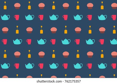 Kettle, cup, tea bag and cake. Colored tea pattern on blue background.  Vector illustration design.