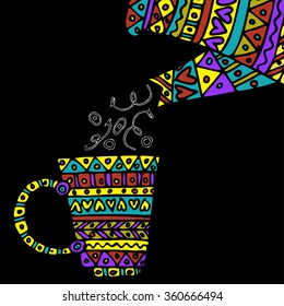 Kettle and cup of tea with black background
