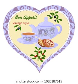 Kettle, Cup with tea, cake and berries. Background with teapot and Cup in the frame with berries.