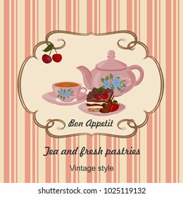 Kettle, Cup with tea, cake and berries. Background with teapot and Cup in the frame with berries.