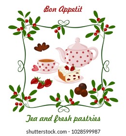 Kettle, Cup with tea, cake and berries. Background with teapot and Cup in the frame with berries.