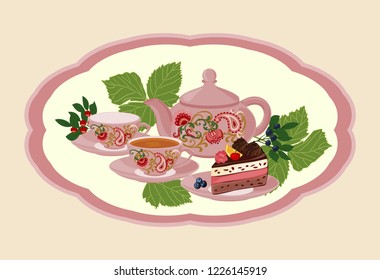 Kettle, Cup with tea, cake and berries. Background with teapot and Cup in the frame with berries.