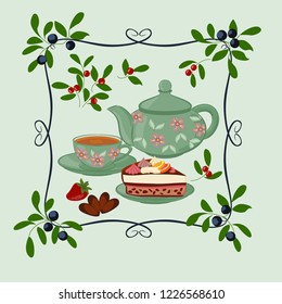 Kettle, Cup with tea, cake and berries. Background with teapot and Cup in the frame with berries.