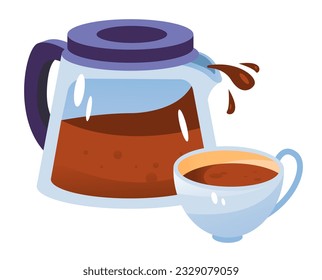 A kettle and a cup of tea or coffee. Hot drink. Cartoon vector illustration.
