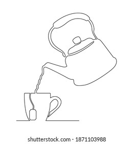 Kettle and cup with tea, continuous line. Vector illustration, isolated on white background.