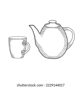 Kettle And cup of tea hand drawn Vector, Sketch Kettle and cup on white background.