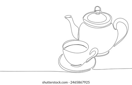 Kettle and cup of tea one line continuous. Line art cup and kettle. Hand drawn vector art.