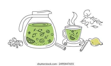 Kettle and cup of tea. Tea parties. Hot healthy drink with lemon, ginger, mint, spices. Line icons, doodle drawings. Calligraphic inscription.