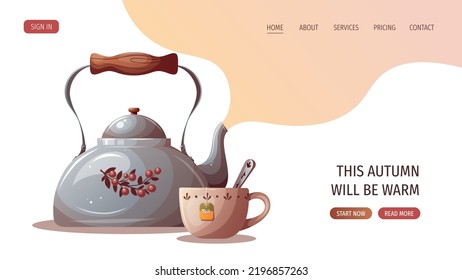 Kettle and cup of tea with spoon. Cozy home, drink, breakfast concept. Vector illustration. Website banner template.