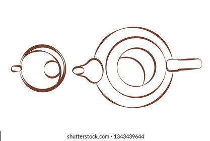 Kettle, cup top view. Tableware for tea. Illustrations for brewing flavored drink. Linear icon isolated on white background. Vector card for cafe menu design or bakery coloring book.