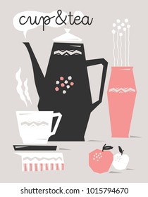 Kettle, a cup, a vase and fruit. Graphic composition
