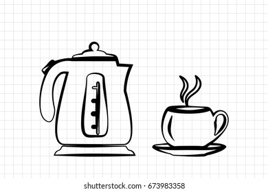 A kettle and a cup. Vector icon in a line design style.