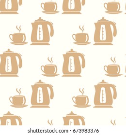 A kettle and a cup. Vector Seamless Background.