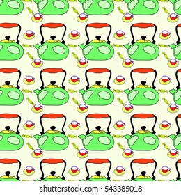 kettle cups and candy hand-drawn, seamless pattern