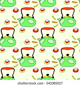 kettle cups and candy hand-drawn, seamless pattern