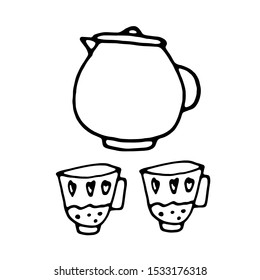 Kettle and cups doodle icon. Vector cartoon teapot. Cute hand drawn teapot and cup. Vector hand drawn teapot Illustration. Black and white ink line art on cups elements background.