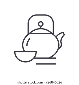 kettle and cup,tea ceremony vector line icon, sign, illustration on background, editable strokes