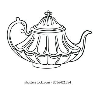 Kettle. Cute vintage teapot. Coloring book for adults and children. Black and white vector illustration.