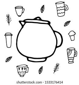 Kettle doodle icon. Vector cartoon teapot. Cute hand drawn teapot. Vector hand drawn teapot Illustration. Black and white ink line art on cups elements background.
