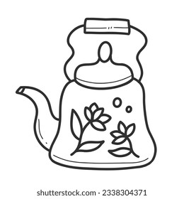 Kettle doodle. Vintage teapot with flowers in a linear style. Vector isolated illustration on a white background