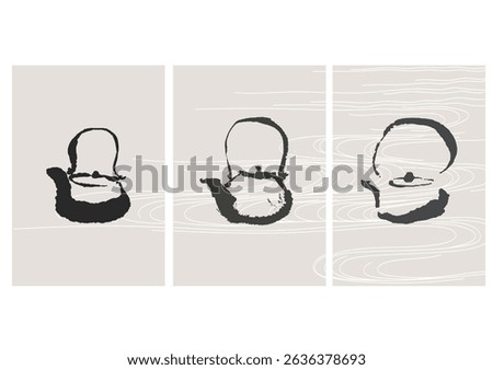 Kettle elements with Chinese painting brush stroke illustration. Japanese background with Asian traditional icon vector. Kitchen ware art with black background in vintage style.