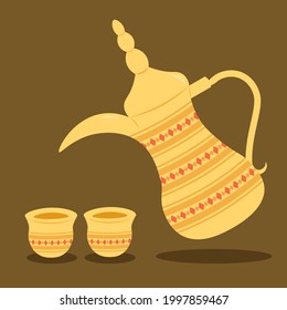 kettle with Emirati green coffee for holy month of Ramadan, arabic golden teapot with oriental ornament and cups, islamic design for muslims, illustration for web site 