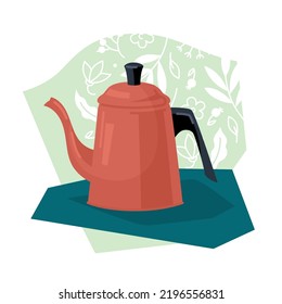 Kettle. Enamel teapot on the background of floral ornament. Vector image.