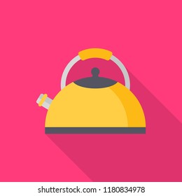 Kettle flat icon with long shadow isolated on pink background. 
Kettle sign symbol in flat style. Kitchenware element Vector illustration for web and mobile design.