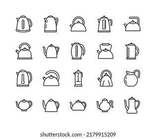 Kettle flat line icons set. Different teapots, domestic appliance. Simple flat vector illustration for web site or mobile app.