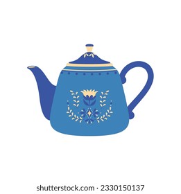 Hervidor con estampado floral, tetera de cerámica de dibujos animados. Herramienta de cocina decorativa vectorial, utensilios domésticos, vajilla de cerámica o vidrios para la ceremonia del té