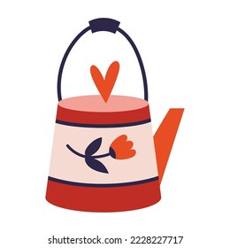 Kettle with flower and heart, cartoon style. Trendy modern vector illustration isolated on white background, hand drawn, flat 
