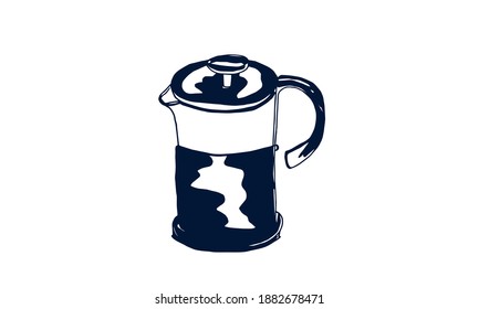 Kettle. French press pot. Hand drawn sketch. Maker tea or coffee. Vector illustration on white background, isolated