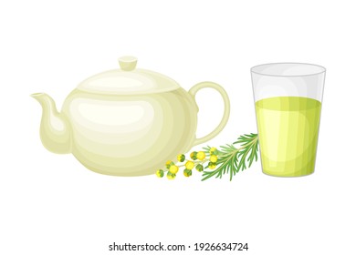 Kettle and Glass with Wormwood or Southernwood Plant Herbal Tea Vector Composition