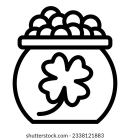 Kettle with gnome coins line icon. Pot full of golden coins with clover outline style pictogram on white background. Patrick day treasure for mobile concept and web design. Vector graphics