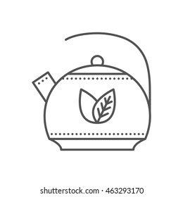 Kettle for green tea with two leaves. Thin line vector illustration. Herbal tea icon on white background