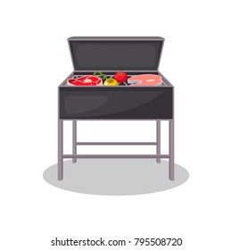 Kettle grill with grilled meat and vegetables isolated icon. BBQ party, traditional cooking food, restaurant menu element vector illustration.
