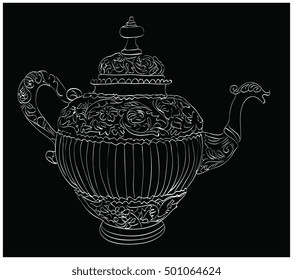kettle ,hand drawing,chalk,black background