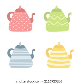 Kettle - hand drawn vector doodle illustration. Cartoon pots. Isolated on white background. Hand drawn simple elements set