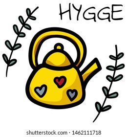Kettle with hearts pattern. in Hygge style. Home comfort. Cozy - Vector. Vector illustration