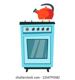 The kettle is heated on the stove. Vector illustration of a flat style.