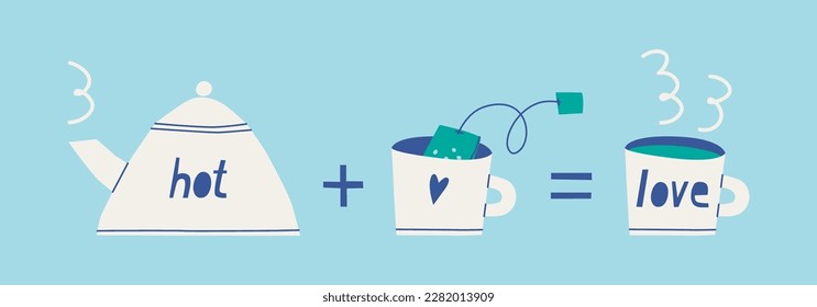 A kettle for heating water plus a mug with a tea bag inside equals a mug of hot tea. Cute illustration for tea lovers.