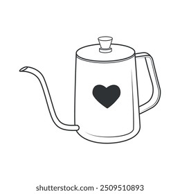 Hervidor de agua para una bebida caliente con un corazón. Platos para té, cacao, agua caliente. Utensilios de cocina. Ilustración vectorial en estilo doodle.