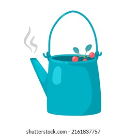 Kettle with hot drink from wild berries. Equipment and tools for camping cartoon illustration isolated on white background