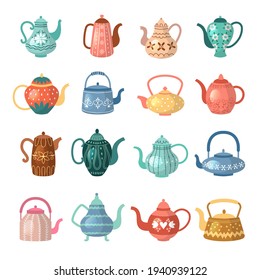 Kettle for hot drinks. Colored flat decorative kitchen ceramic pots recent vector illustrations set isolated