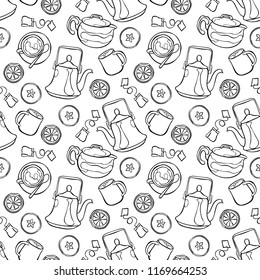 Kettle and hot tea. Slices of apple and lemon. Seamless vector pattern (background).